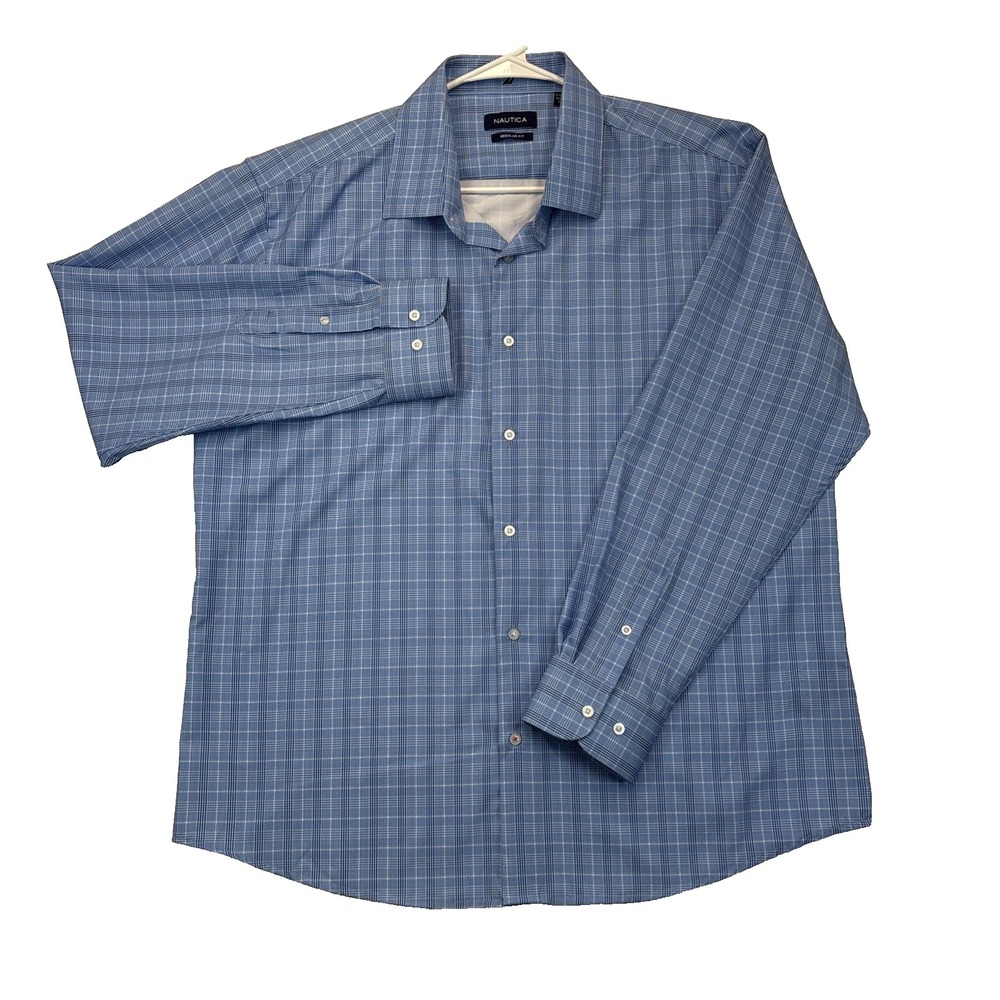 Nautica Regular Fit Dress Shirt Mens XL 17-17.5 34/35 Blue Plaid Check
